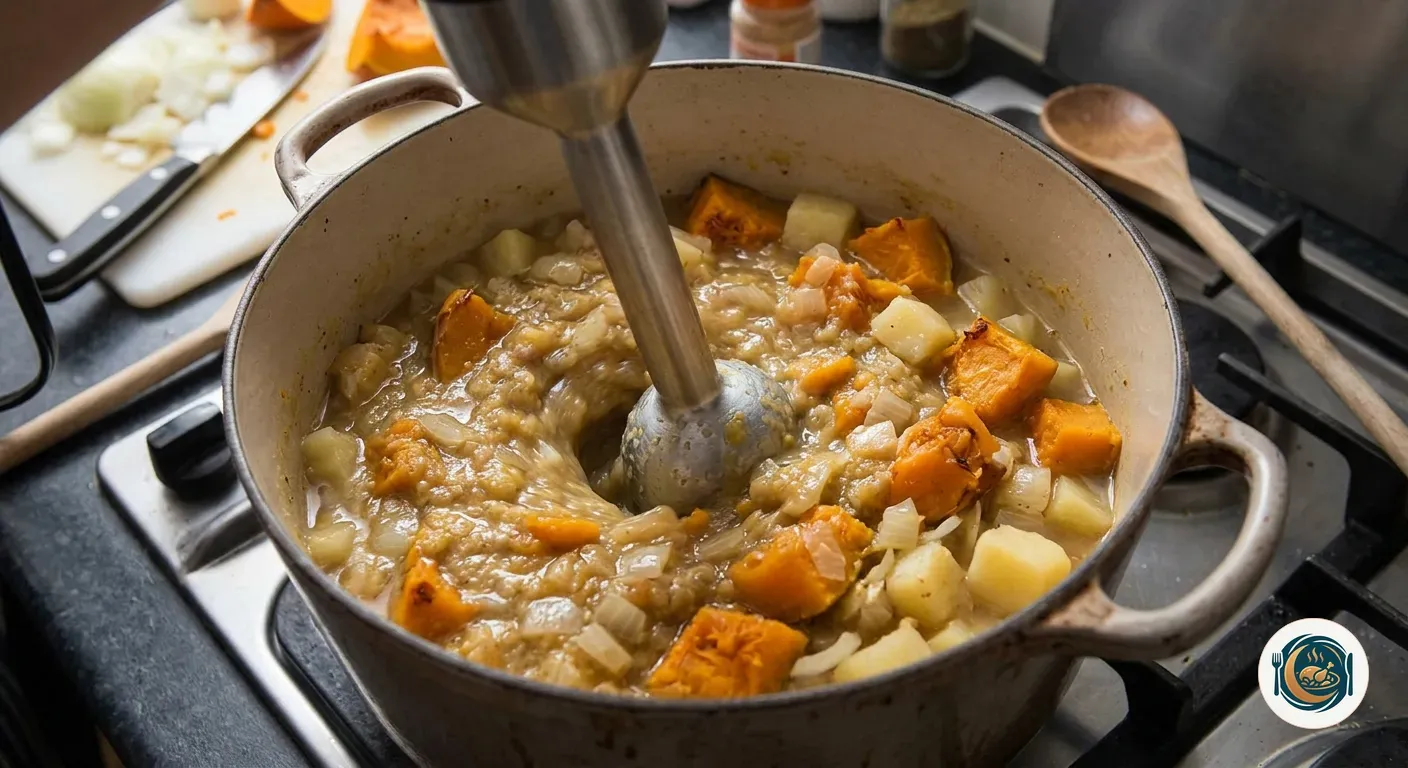 Crema de calabaza triturándose en la olla con cebolla y patata