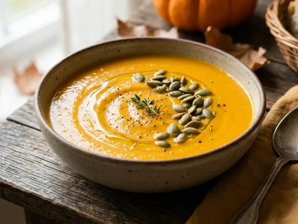 Cuenco de crema de calabaza con un hilo de aceite y semillas por encima