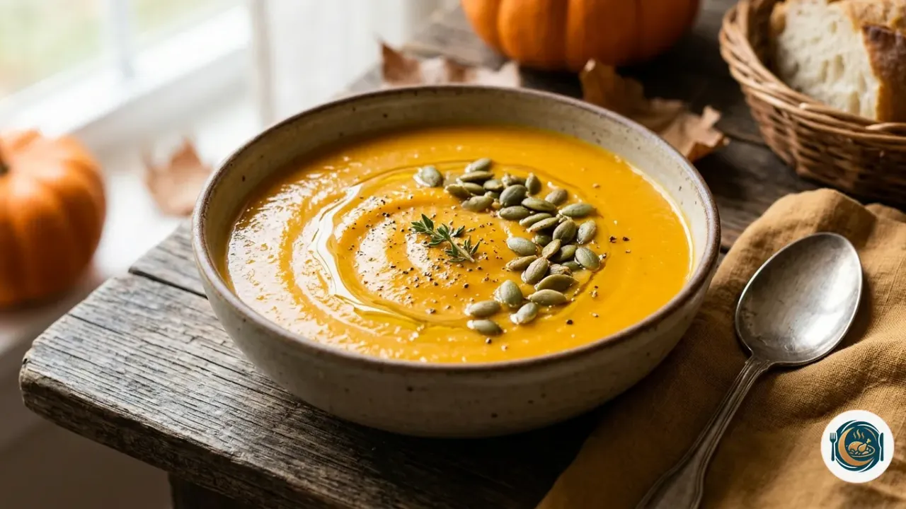 Cuenco de crema de calabaza con un hilo de aceite y semillas por encima
