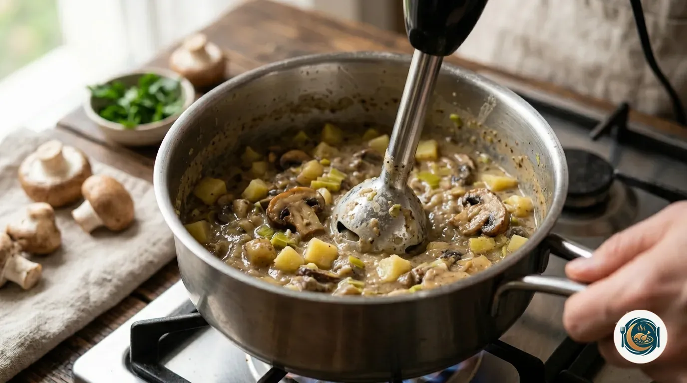 Crema de champiñones triturándose en la olla con puerro y patata