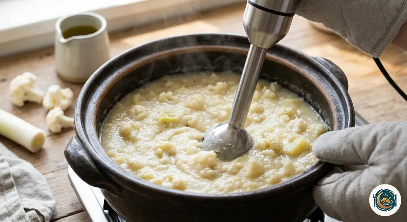 Crema de coliflor triturándose en la cazuela con la batidora de mano