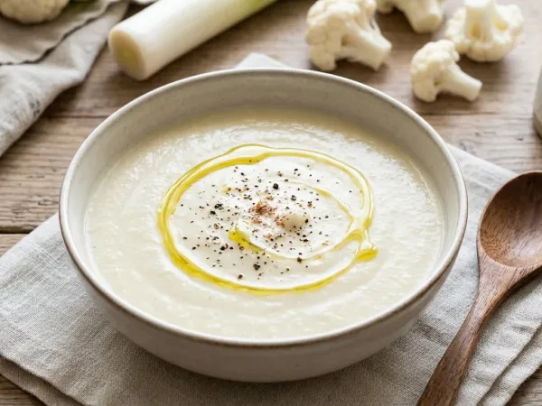 Bol de crema de coliflor con un hilo de aceite de oliva y pimienta negra por encima