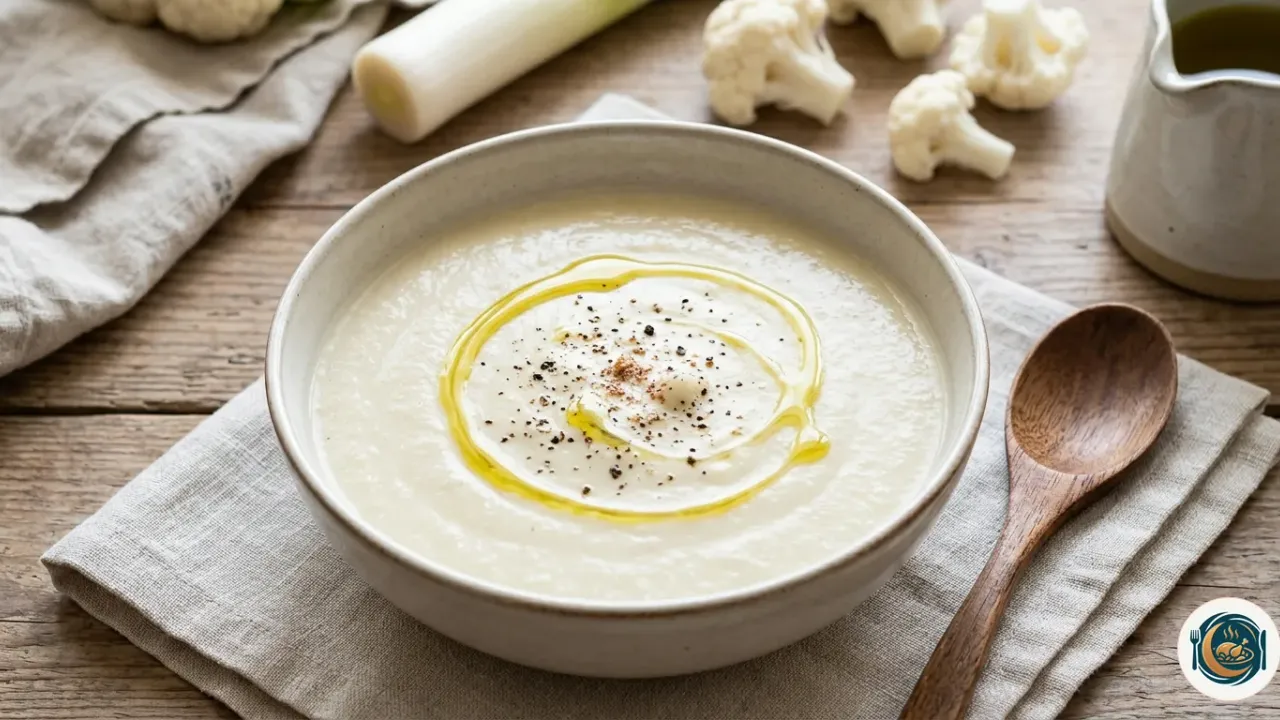 Bol de crema de coliflor con un hilo de aceite de oliva y pimienta negra por encima
