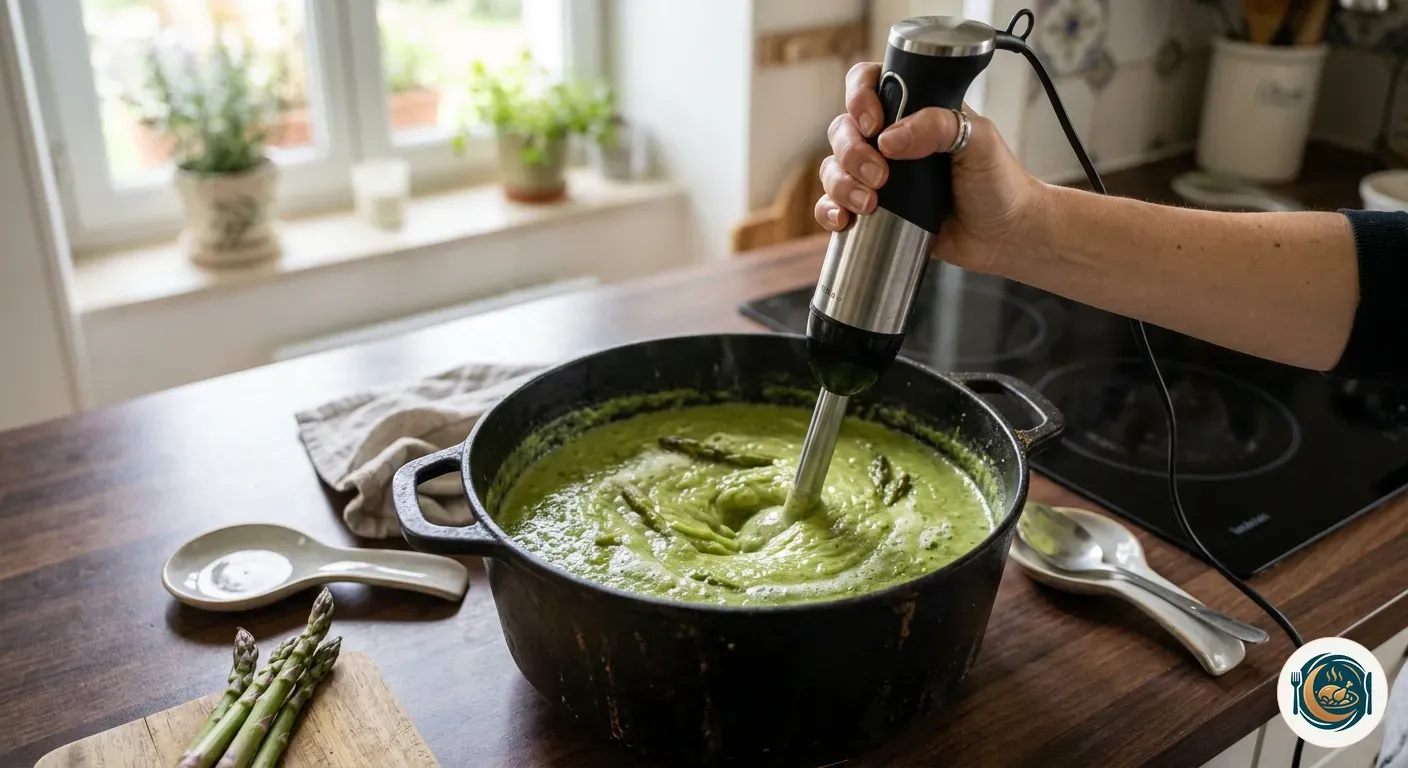 Crema de espárragos triturándose en la cazuela con la batidora de mano