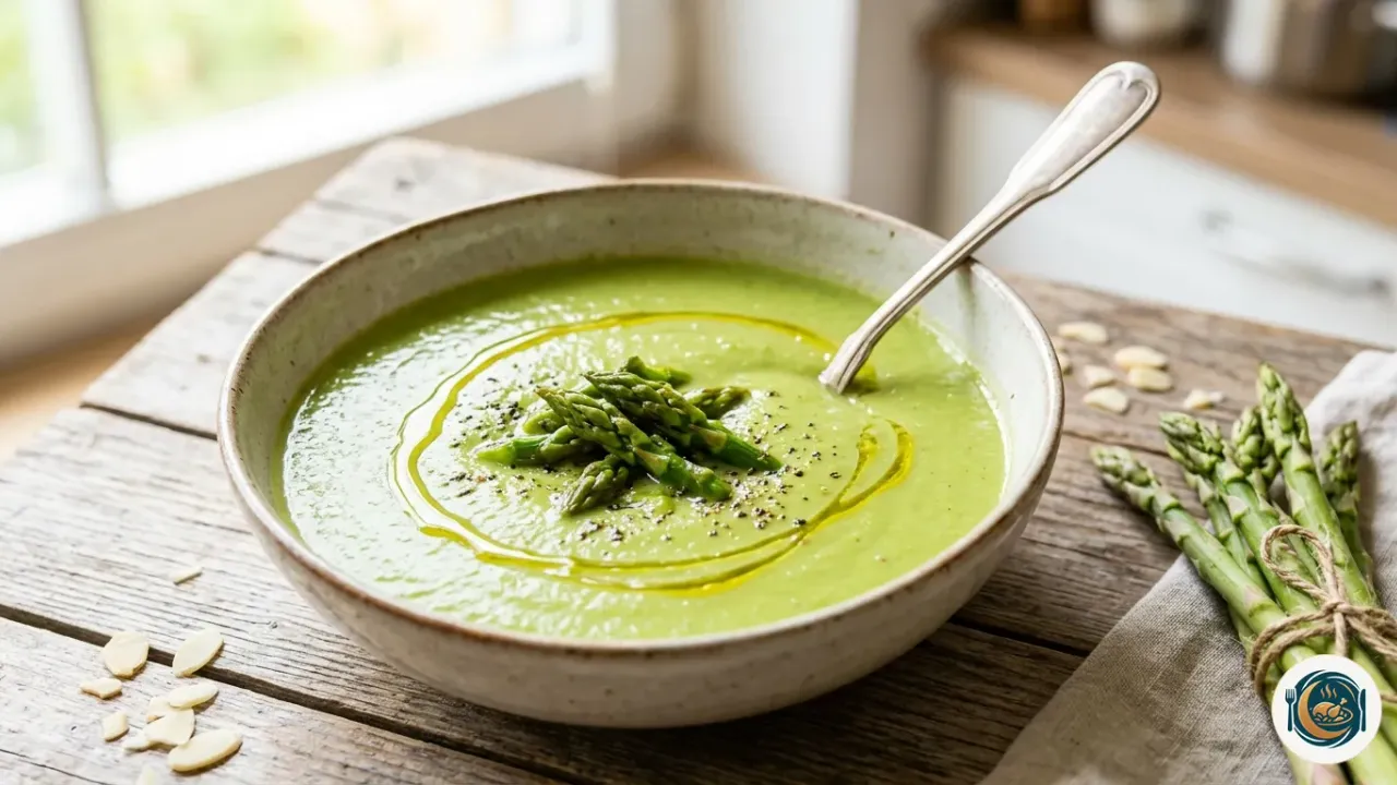 Bol de crema de espárragos verdes con un hilo de aceite de oliva y unas puntas por encima