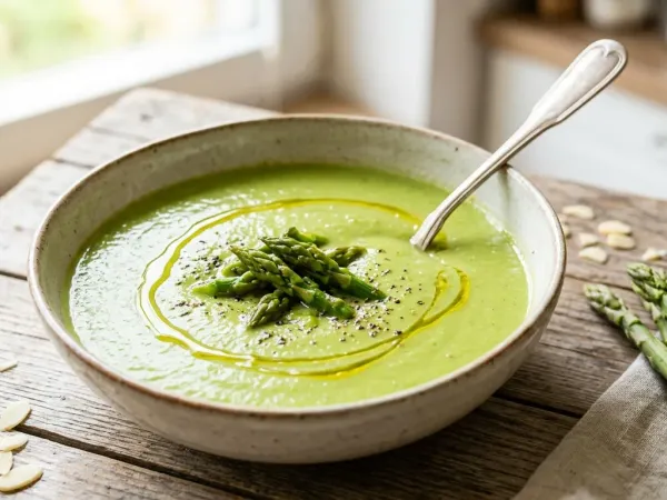 Bol de crema de espárragos verdes con un hilo de aceite de oliva y unas puntas por encima