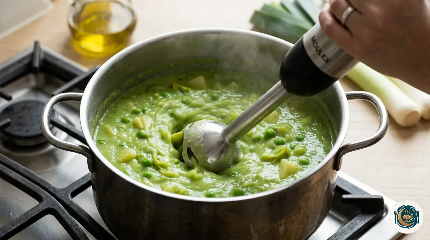 Crema de guisantes triturándose en la cazuela con la batidora de mano
