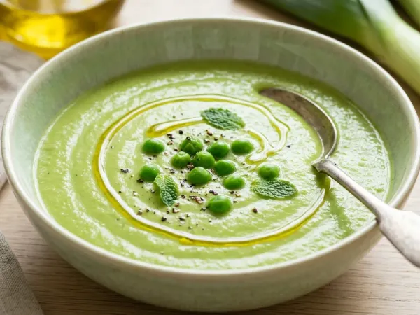 Bol de crema de guisantes con un hilo de aceite de oliva y unos guisantes por encima