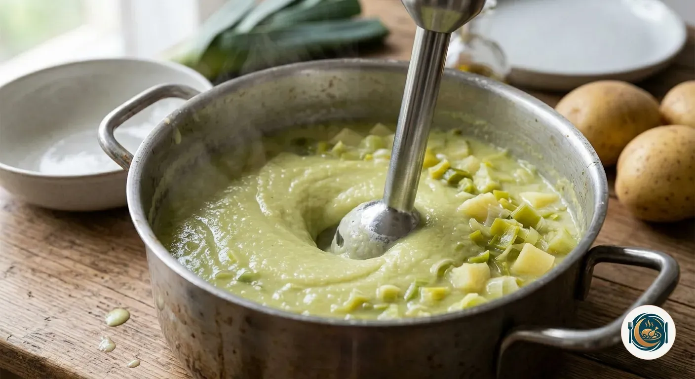 Crema de puerros triturándose en la cazuela con la batidora