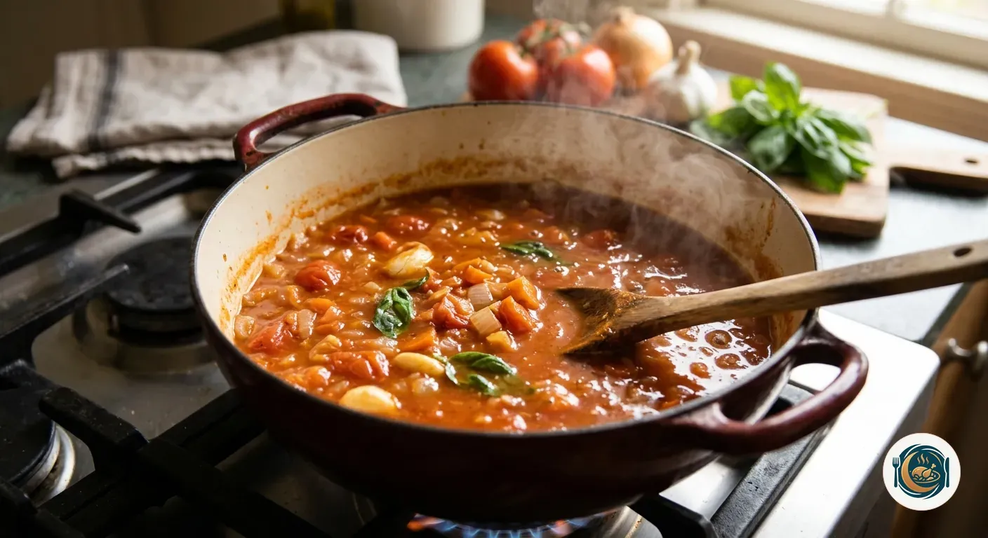 Crema de tomate cociendo en la cazuela antes de triturarla