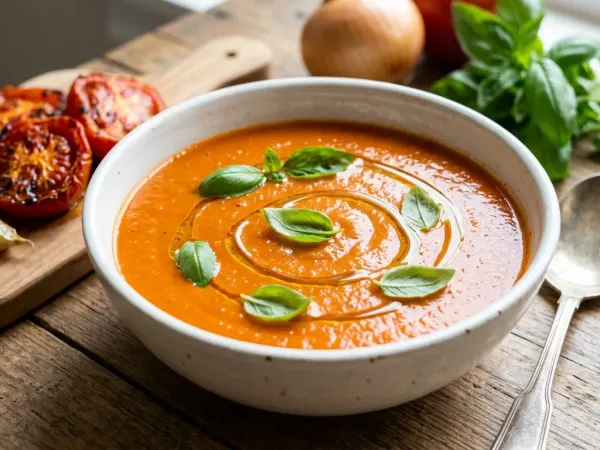 Crema de tomate en un bol blanco con hilo de aceite de oliva y hojas de albahaca fresca