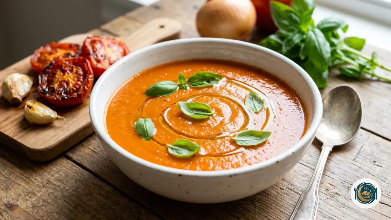Crema de tomate en un bol blanco con hilo de aceite de oliva y hojas de albahaca fresca
