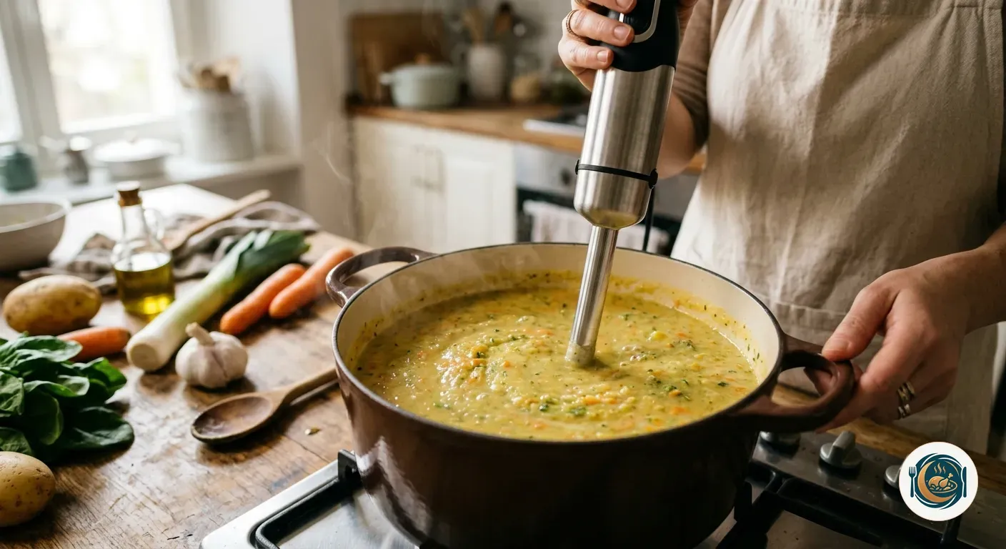 Crema de verduras recién triturada en la cazuela con la batidora de mano