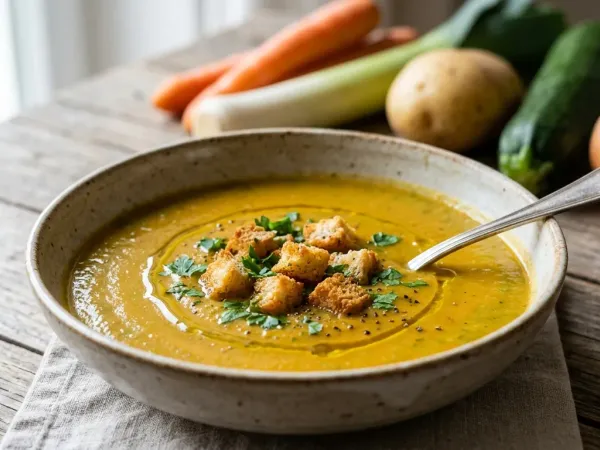 Crema de verduras casera servida en cuenco con un hilo de aceite de oliva y picatostes