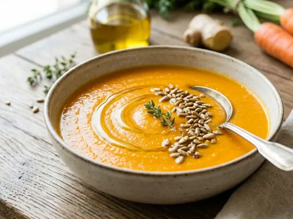 Cuenco de crema de zanahoria con un hilo de aceite y unas pipas por encima