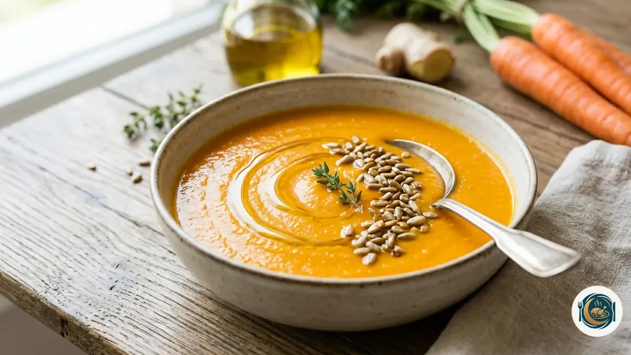 Cuenco de crema de zanahoria con un hilo de aceite y unas pipas por encima
