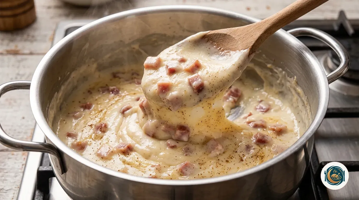 Olla con la bechamel de las croquetas de jamón en su punto, despegándose de las paredes