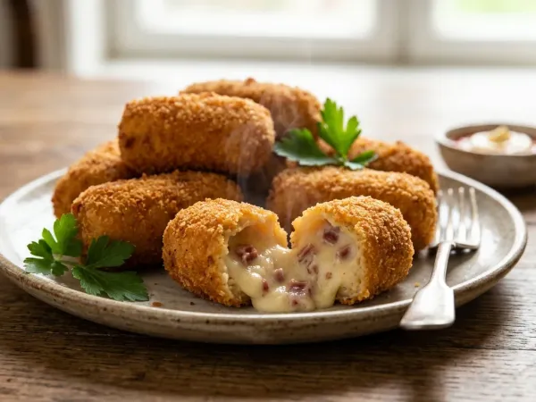 Plato de croquetas de jamón doradas con una abierta mostrando el interior cremoso