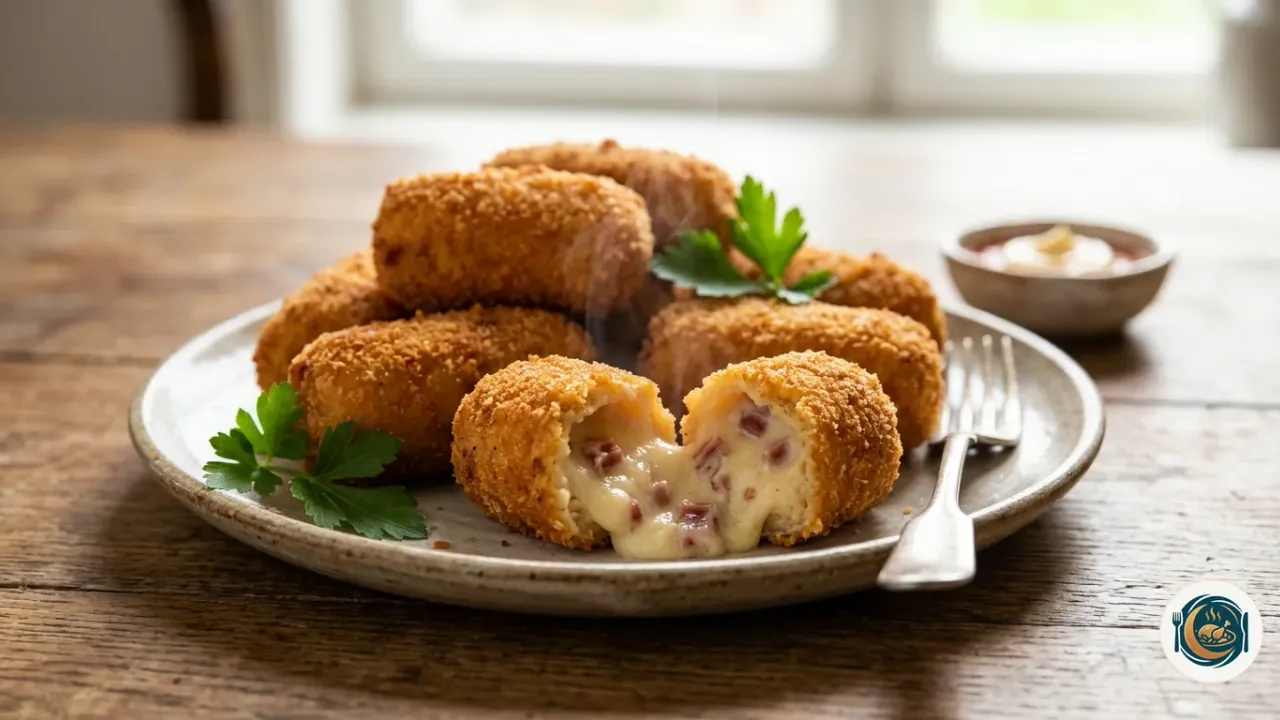 Plato de croquetas de jamón doradas con una abierta mostrando el interior cremoso