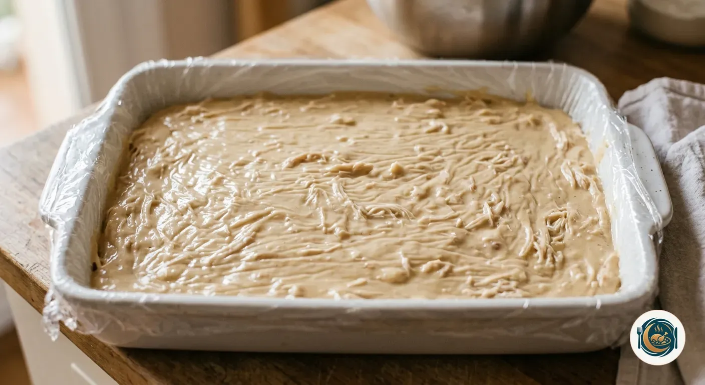 Bechamel con pollo desmenuzado extendida en una fuente