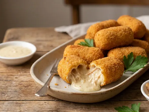 Croquetas de pollo doradas en una fuente, una abierta mostrando la bechamel cremosa