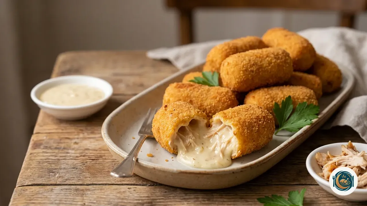 Croquetas de pollo doradas en una fuente, una abierta mostrando la bechamel cremosa