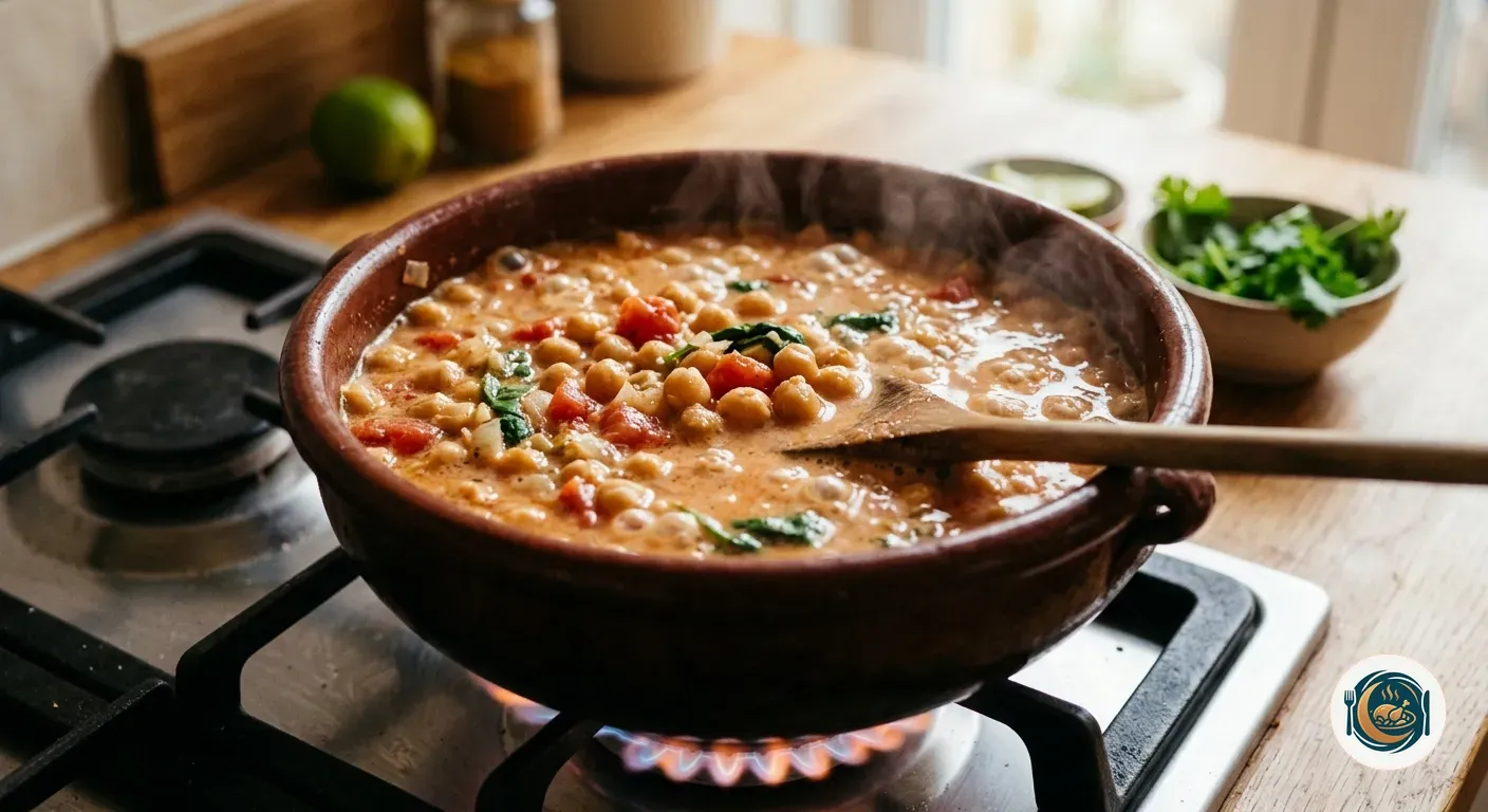 Cazuela con garbanzos, tomate y leche de coco hirviendo a fuego suave