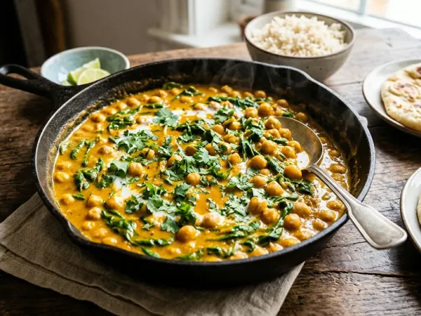Cazuela de curry de garbanzos con espinacas y leche de coco espolvoreado con cilantro