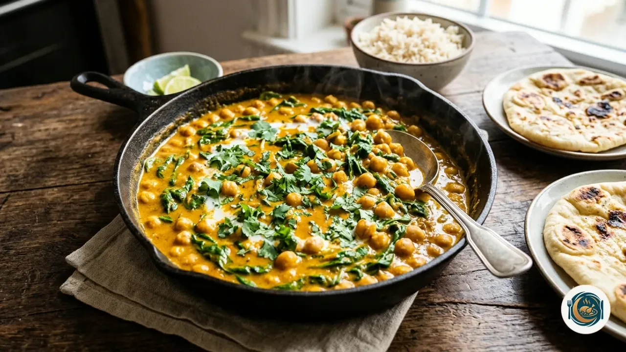 Cazuela de curry de garbanzos con espinacas y leche de coco espolvoreado con cilantro
