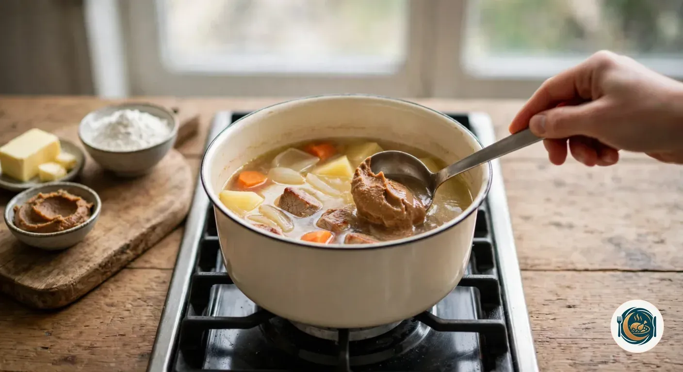 Mano con un cucharón disolviendo roux de curry en el caldo de una cazuela blanca con cerdo, patata y zanahoria, con el fuego apagado