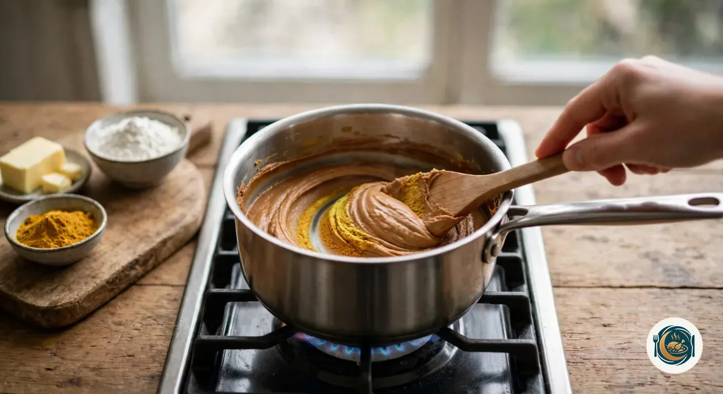 Mano removiendo con una espátula de madera un roux de mantequilla y harina con curry en un cazo de acero a fuego suave