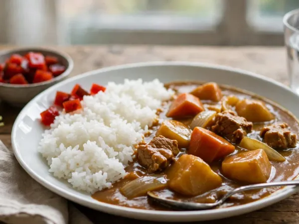 Plato blanco de curry japonés: salsa marrón espesa con cerdo, patata, zanahoria y cebolla junto a arroz blanco y encurtidos rojos