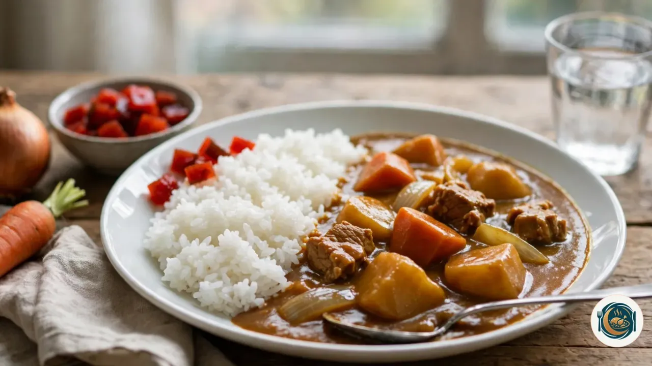 Plato blanco de curry japonés: salsa marrón espesa con cerdo, patata, zanahoria y cebolla junto a arroz blanco y encurtidos rojos
