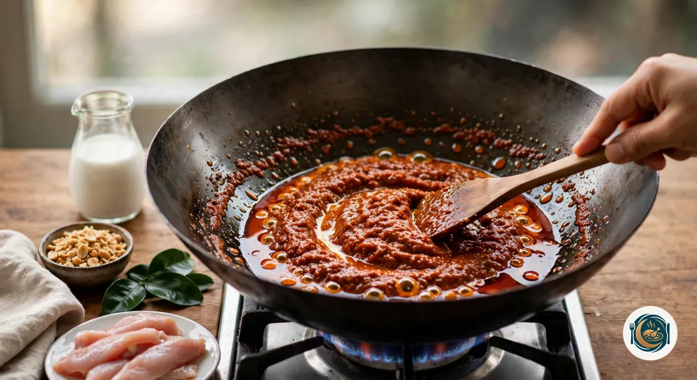 Pasta de curry friéndose en un wok hasta soltar el aceite