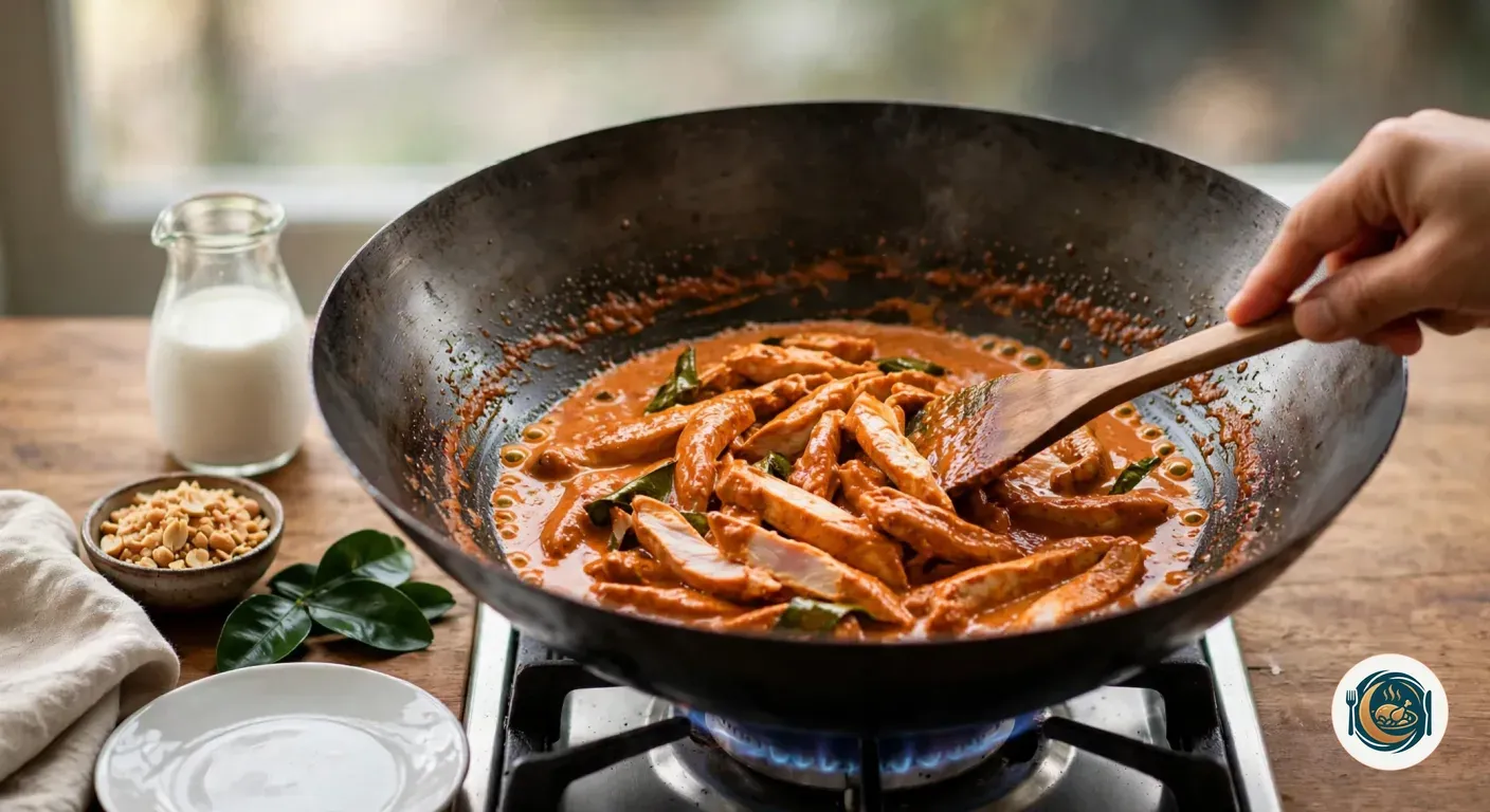 Tiras de pollo envueltas en la salsa espesa del curry en el wok