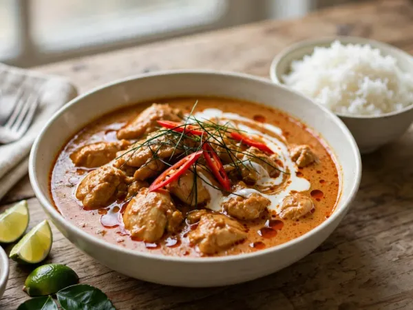 Curry panang de pollo con hilos de lima kaffir, guindilla y arroz