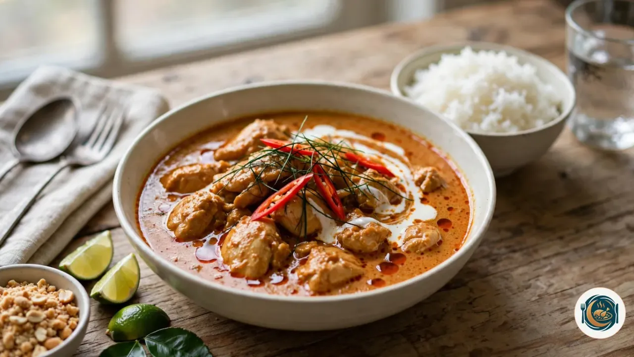 Curry panang de pollo con hilos de lima kaffir, guindilla y arroz