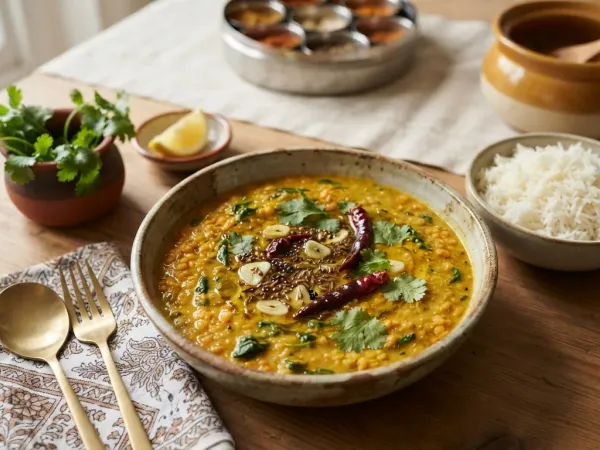 Dal de lentejas rojas con leche de coco, cilantro y arroz basmati en un cuenco