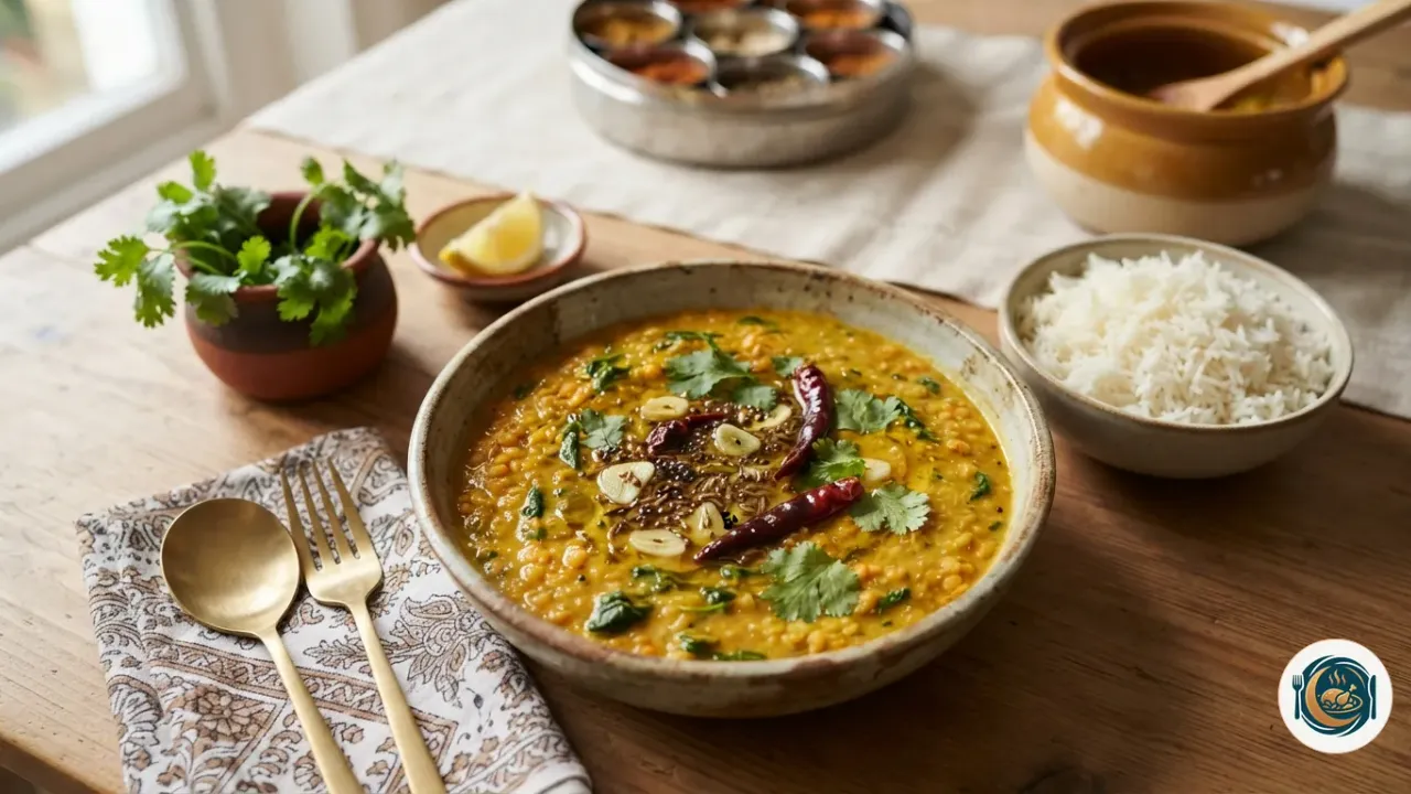 Dal de lentejas rojas con leche de coco, cilantro y arroz basmati en un cuenco