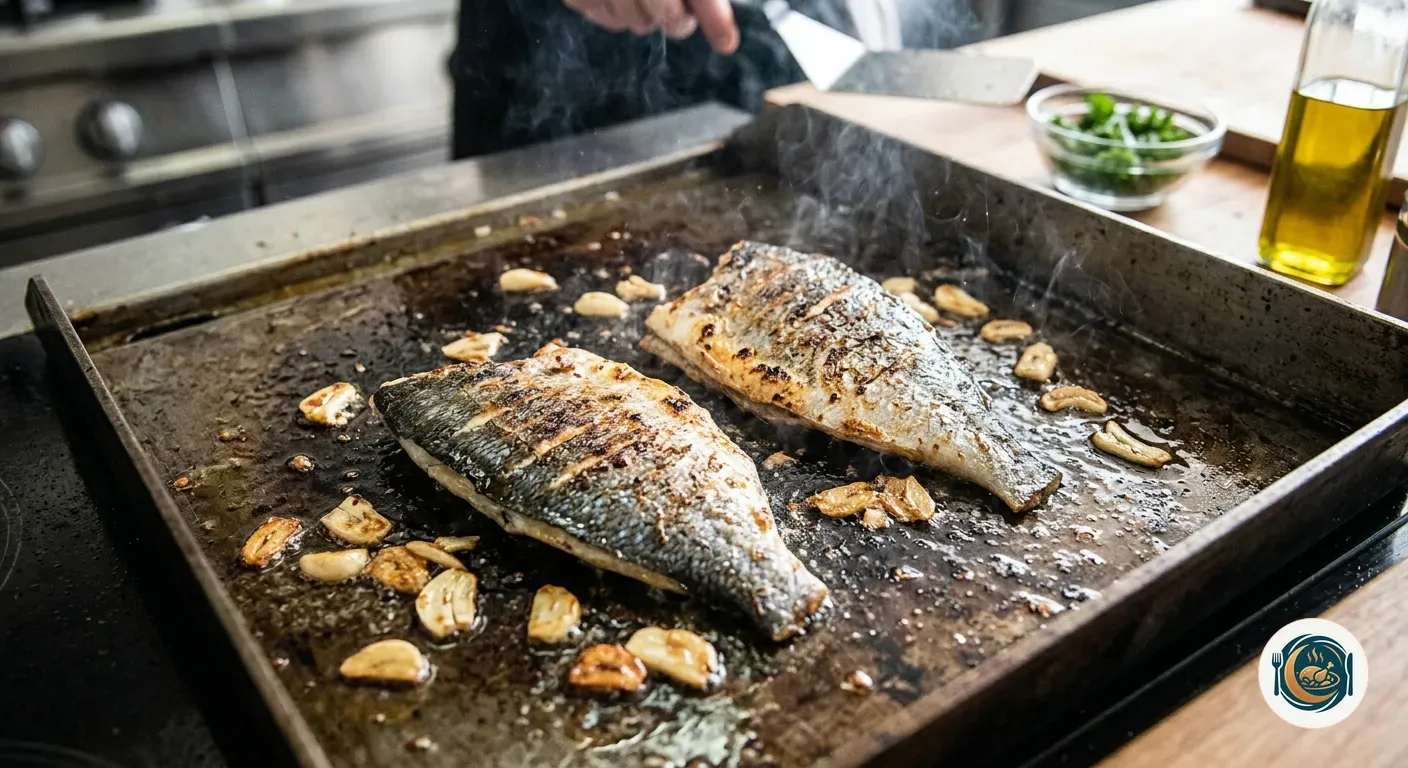 Lomos de dorada con la piel hacia abajo dorándose en una plancha caliente con ajo