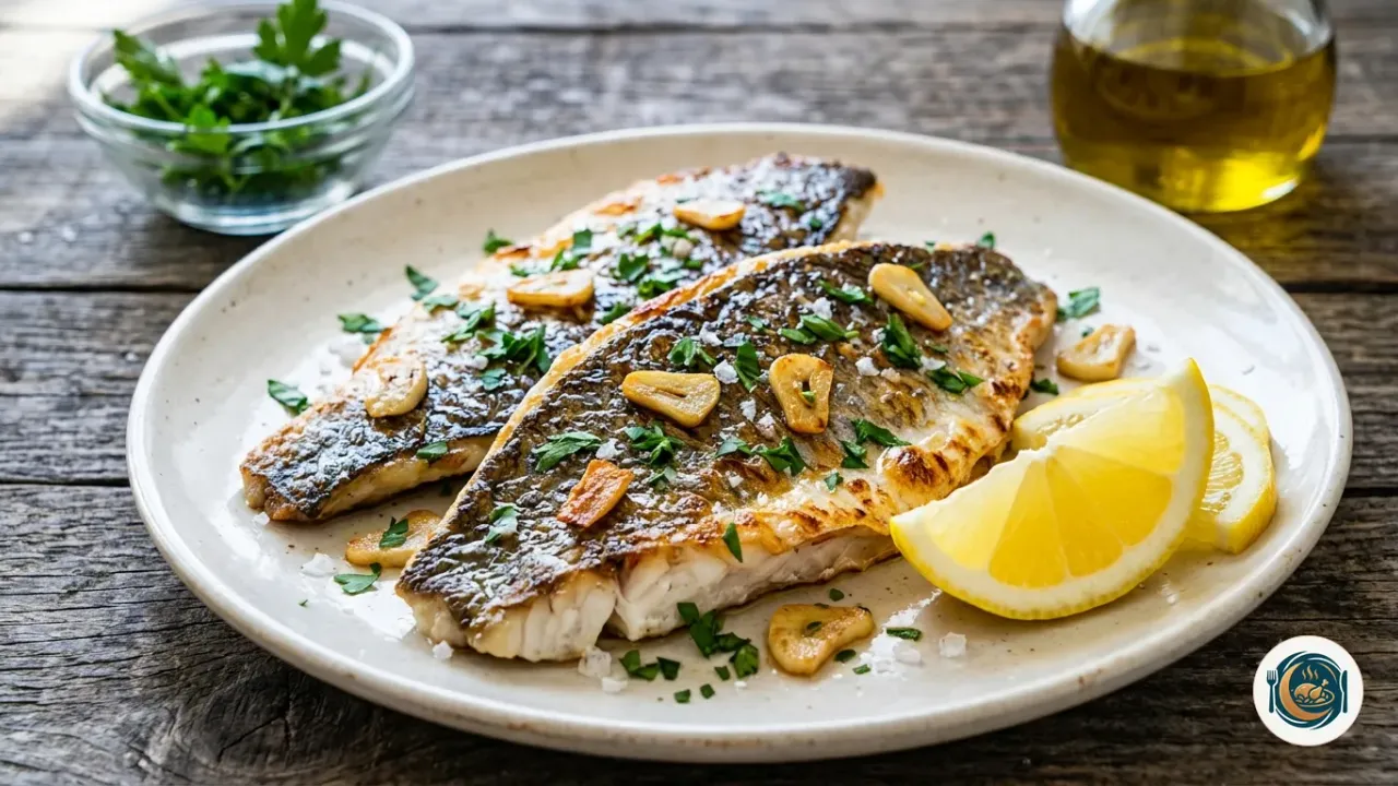 Lomos de dorada a la plancha con la piel crujiente, ajo, perejil y limón en un plato