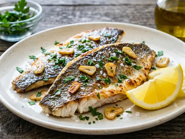 Lomos de dorada a la plancha con la piel crujiente, ajo, perejil y limón en un plato