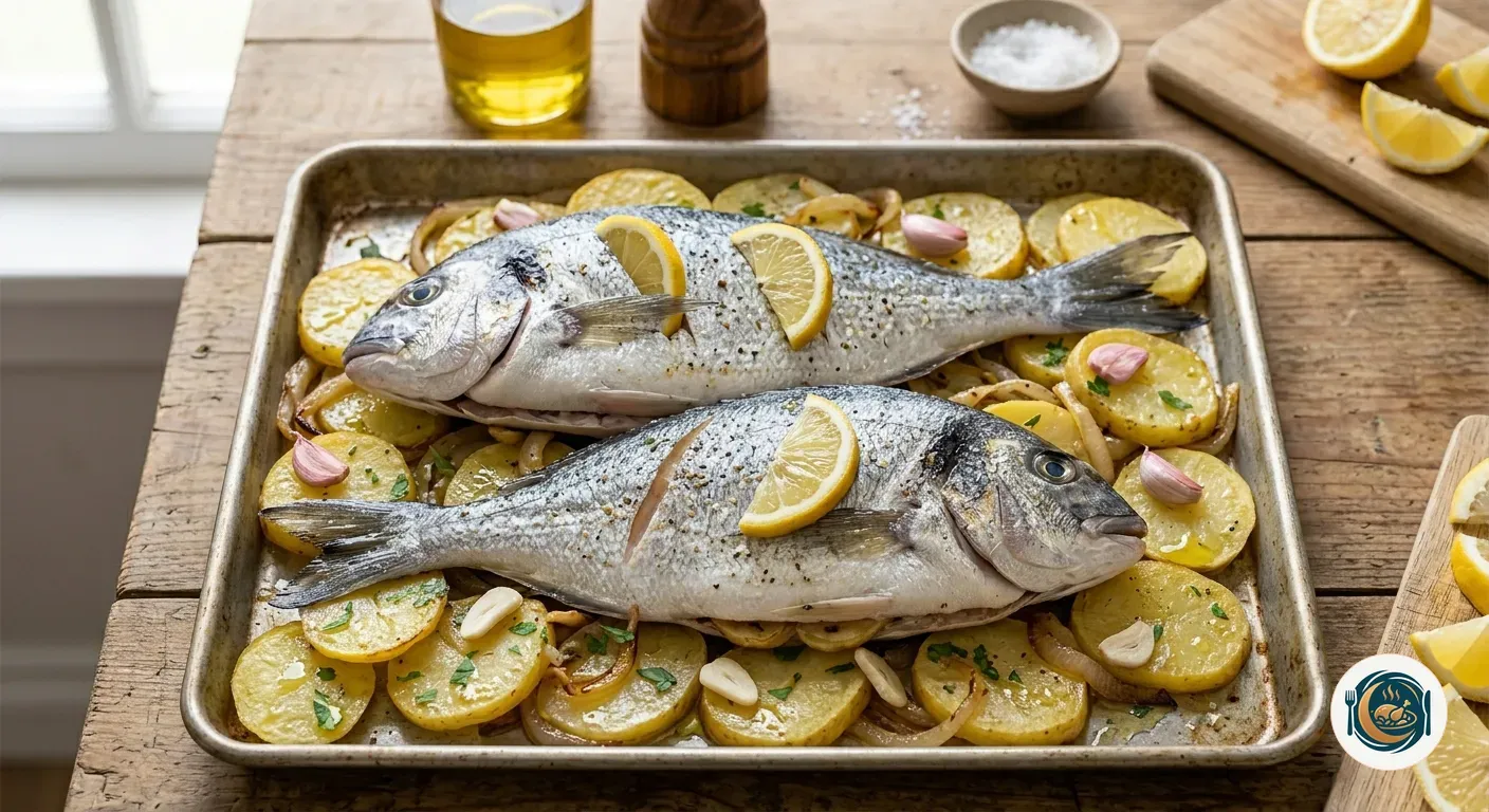 Dorada al horno sobre cama de patatas y cebolla antes de entrar al horno