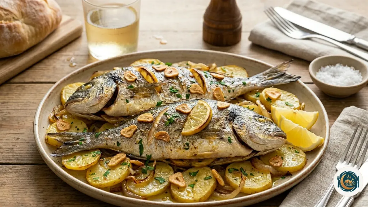 Dorada al horno con patatas panadera y rodajas de limón en la bandeja