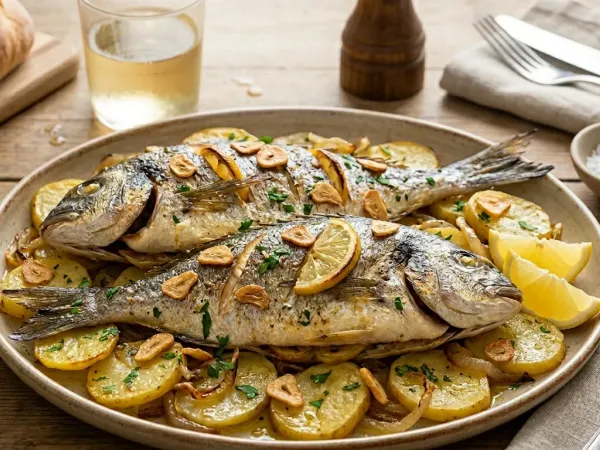 Dorada al horno con patatas panadera y rodajas de limón en la bandeja