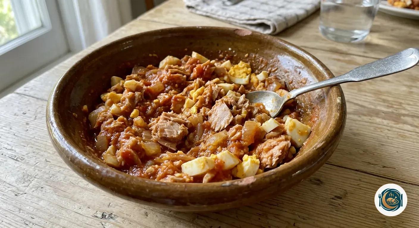 Bol con el relleno de atún, tomate frito, sofrito de cebolla y huevo duro picado