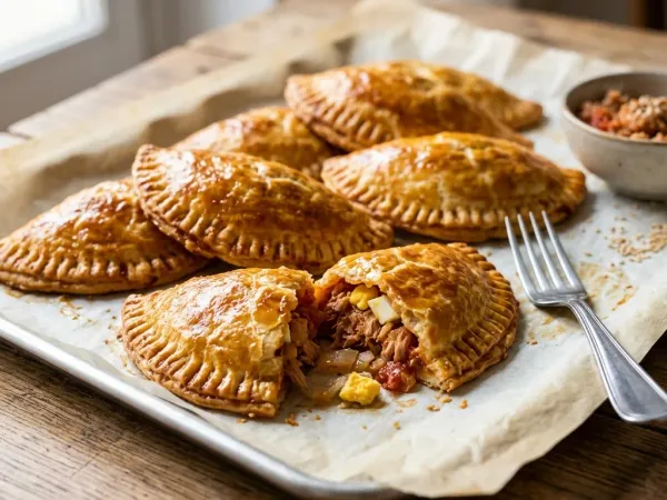 Empanadillas de atún al horno doradas y crujientes sobre una bandeja con papel de hornear