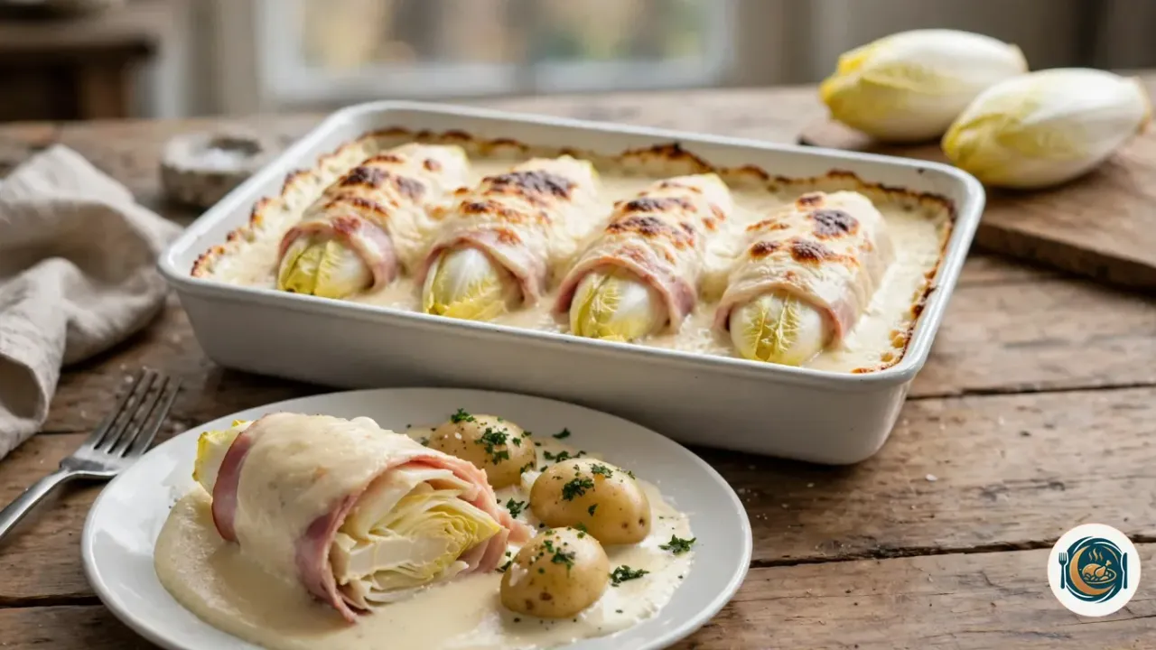 Fuente blanca de endivias envueltas en jamón cocido y gratinadas con bechamel de queso, con un plato servido y patatas cocidas