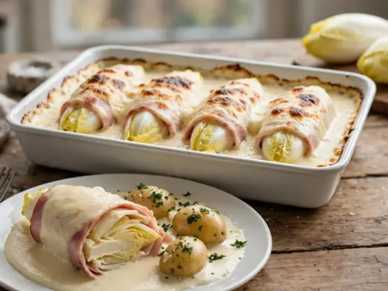 Fuente blanca de endivias envueltas en jamón cocido y gratinadas con bechamel de queso, con un plato servido y patatas cocidas