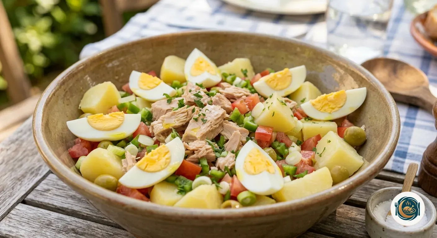 Dados de patata cocida con huevo y atún, listos para aliñar